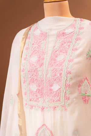 Ivory Pastel Embroidered Mul Chikankari Unstitched Suit Set by Label Tamanna
