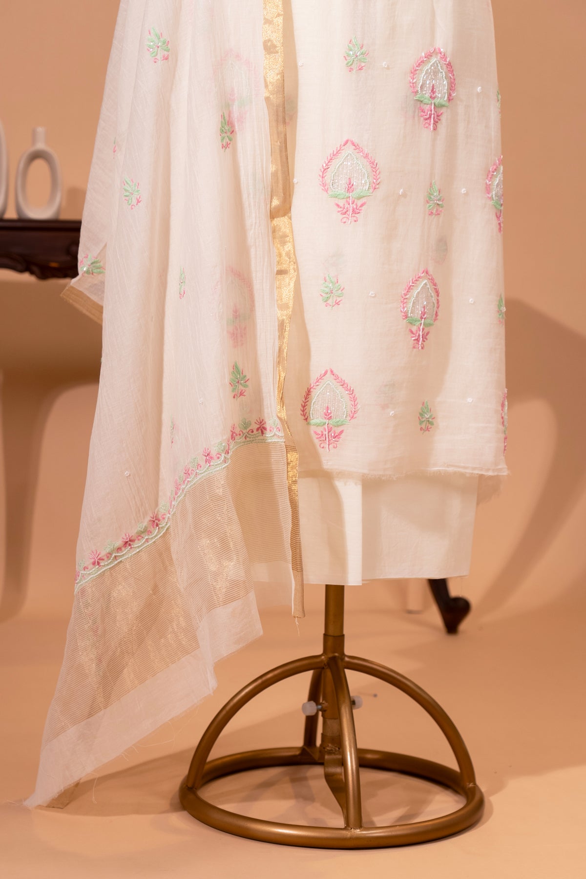 Ivory Pastel Embroidered Mul Chikankari Unstitched Suit Set by Label Tamanna