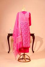 Rani Pink Chanderi Silk Chikankari Unstitched Suit Set by Label Tamanna
