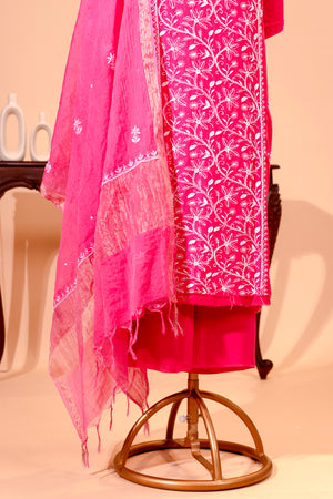 Rani Pink Chanderi Silk Chikankari Unstitched Suit Set by Label Tamanna