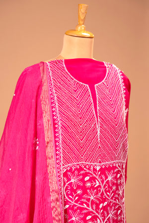 Rani Pink Chanderi Silk Chikankari Unstitched Suit Set by Label Tamanna