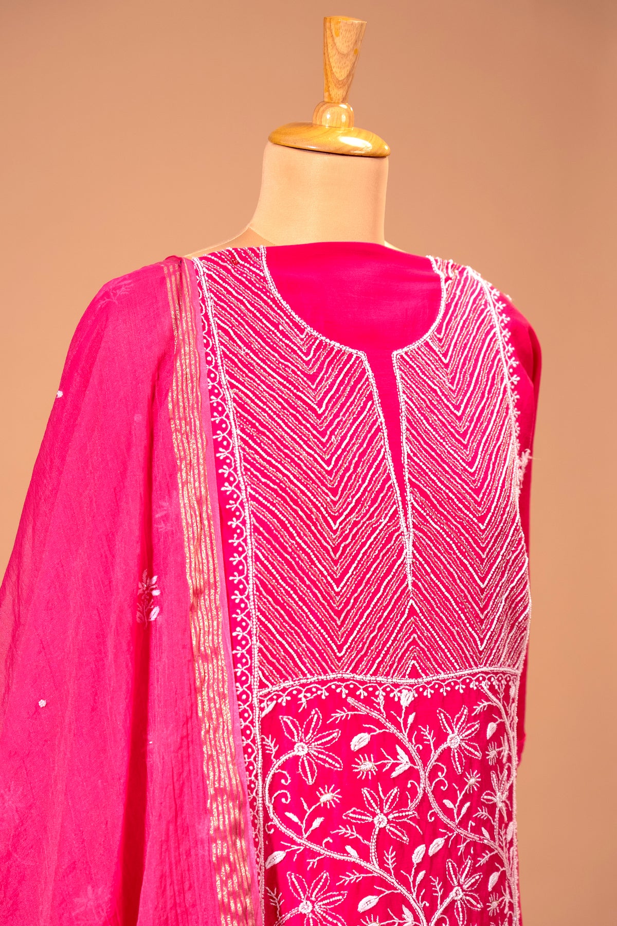 Rani Pink Chanderi Silk Chikankari Unstitched Suit Set by Label Tamanna
