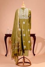 Mehendi Green Chanderi Silk Chikankari Unstitched Suit Set by Label Tamanna