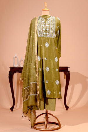 Mehendi Green Chanderi Silk Chikankari Unstitched Suit Set by Label Tamanna