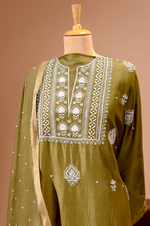 Mehendi Green Chanderi Silk Chikankari Unstitched Suit Set by Label Tamanna