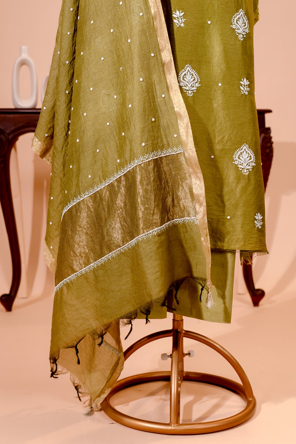 Mehendi Green Chanderi Silk Chikankari Unstitched Suit Set by Label Tamanna