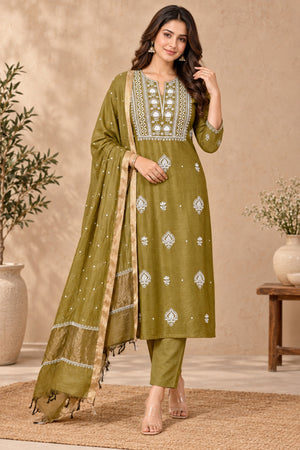Mehendi Green Chanderi Silk Chikankari Unstitched Suit Set by Label Tamanna