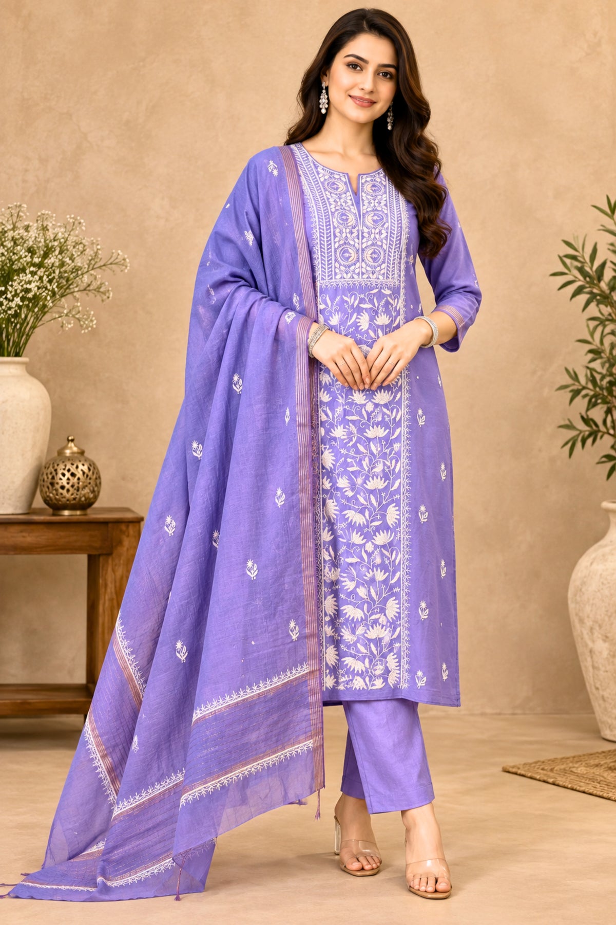 Lavender Chanderi Silk Chikankari Unstitched Suit Set by Label Tamanna