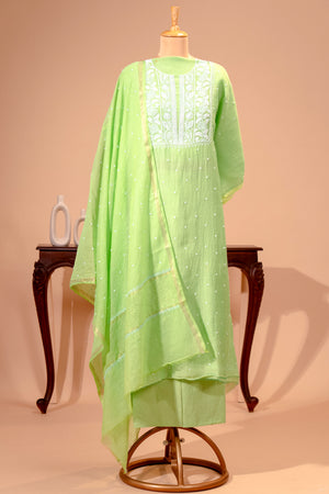 Lime Green Pure Mul Chikankari Unstitched Suit Set by Label Tamanna