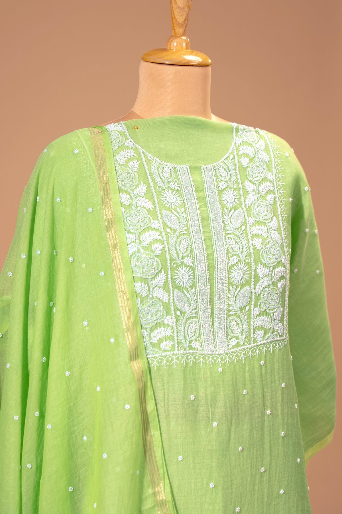 Lime Green Pure Mul Chikankari Unstitched Suit Set by Label Tamanna