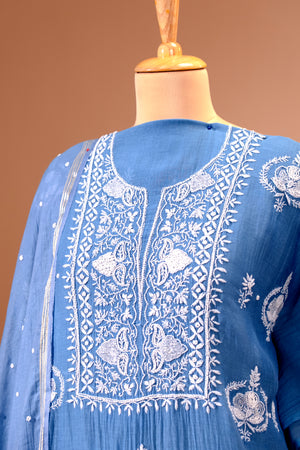 Dusty Blue Pure Mul Chikankari Unstitched Suit Set by Label Tamanna