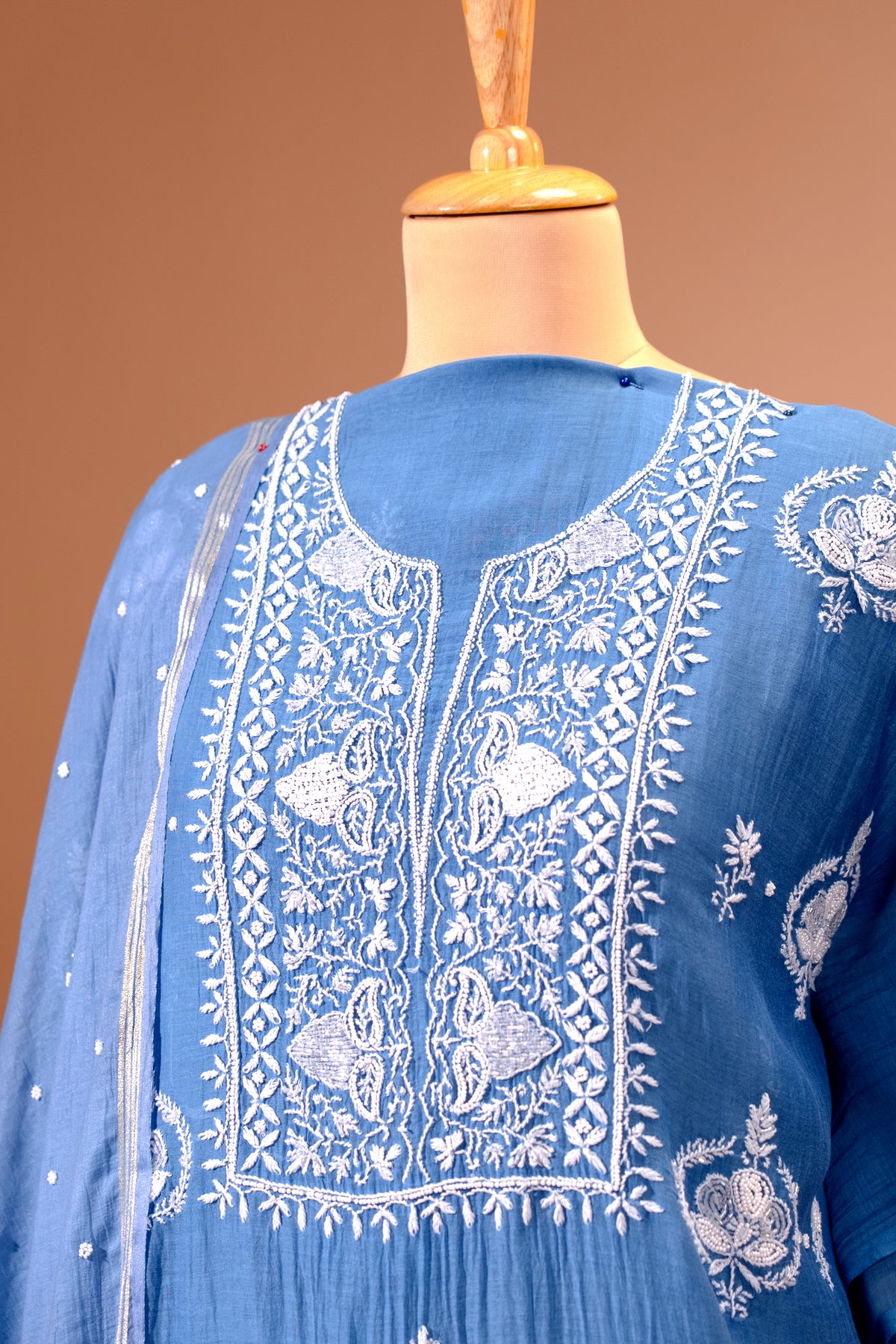 Dusty Blue Pure Mul Chikankari Unstitched Suit Set by Label Tamanna