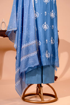 Dusty Blue Pure Mul Chikankari Unstitched Suit Set by Label Tamanna