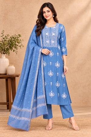 Dusty Blue Pure Mul Chikankari Unstitched Suit Set by Label Tamanna