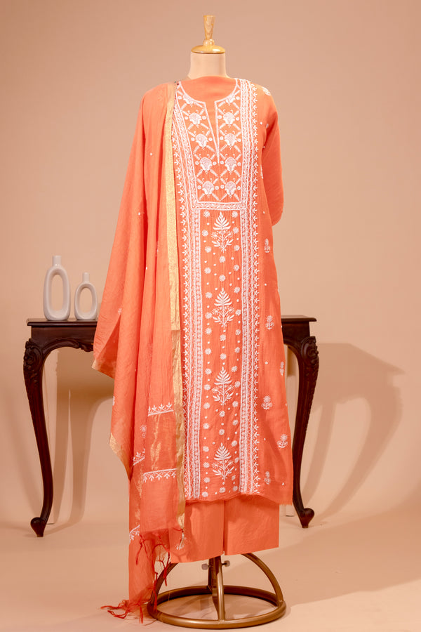 Coral Peach Pure Mul Chikankari Unstitched Suit Set by Label Tamanna
