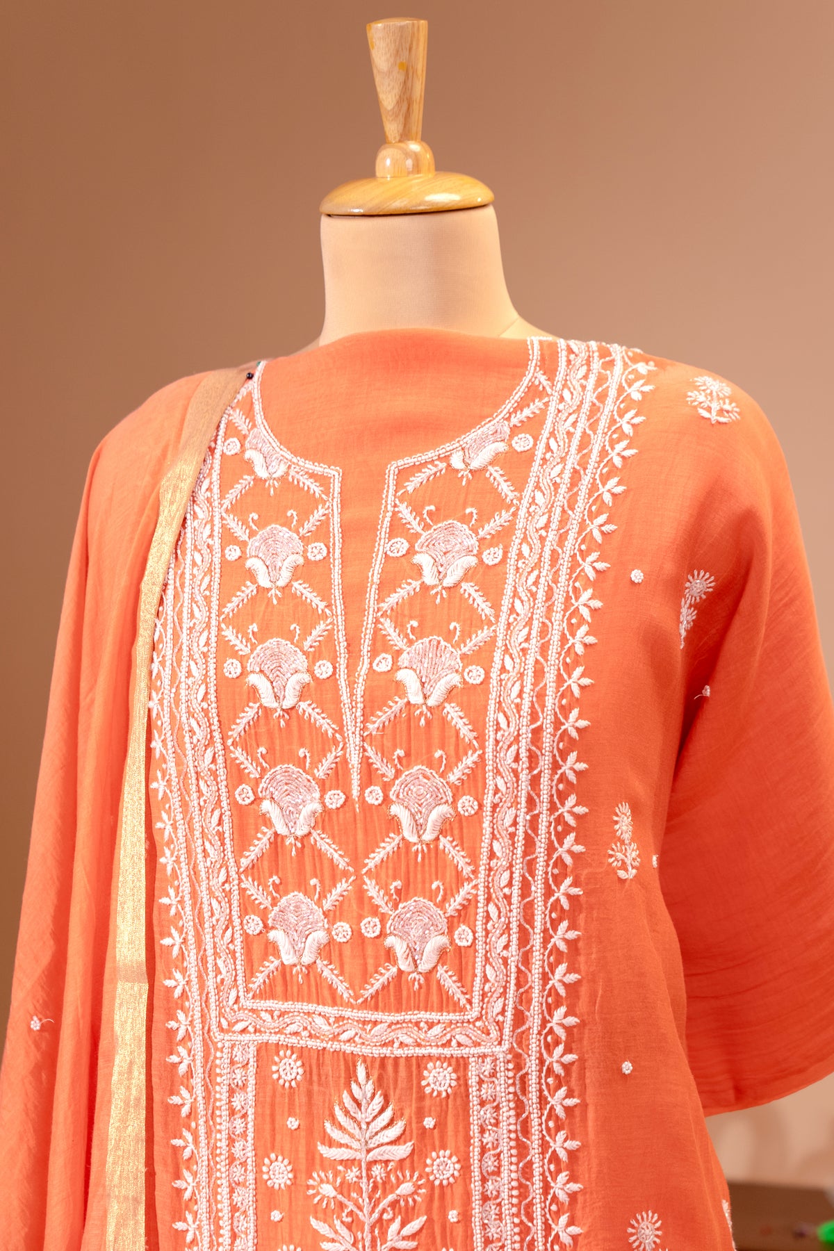 Coral Peach Pure Mul Chikankari Unstitched Suit Set by Label Tamanna