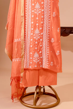Coral Peach Pure Mul Chikankari Unstitched Suit Set by Label Tamanna