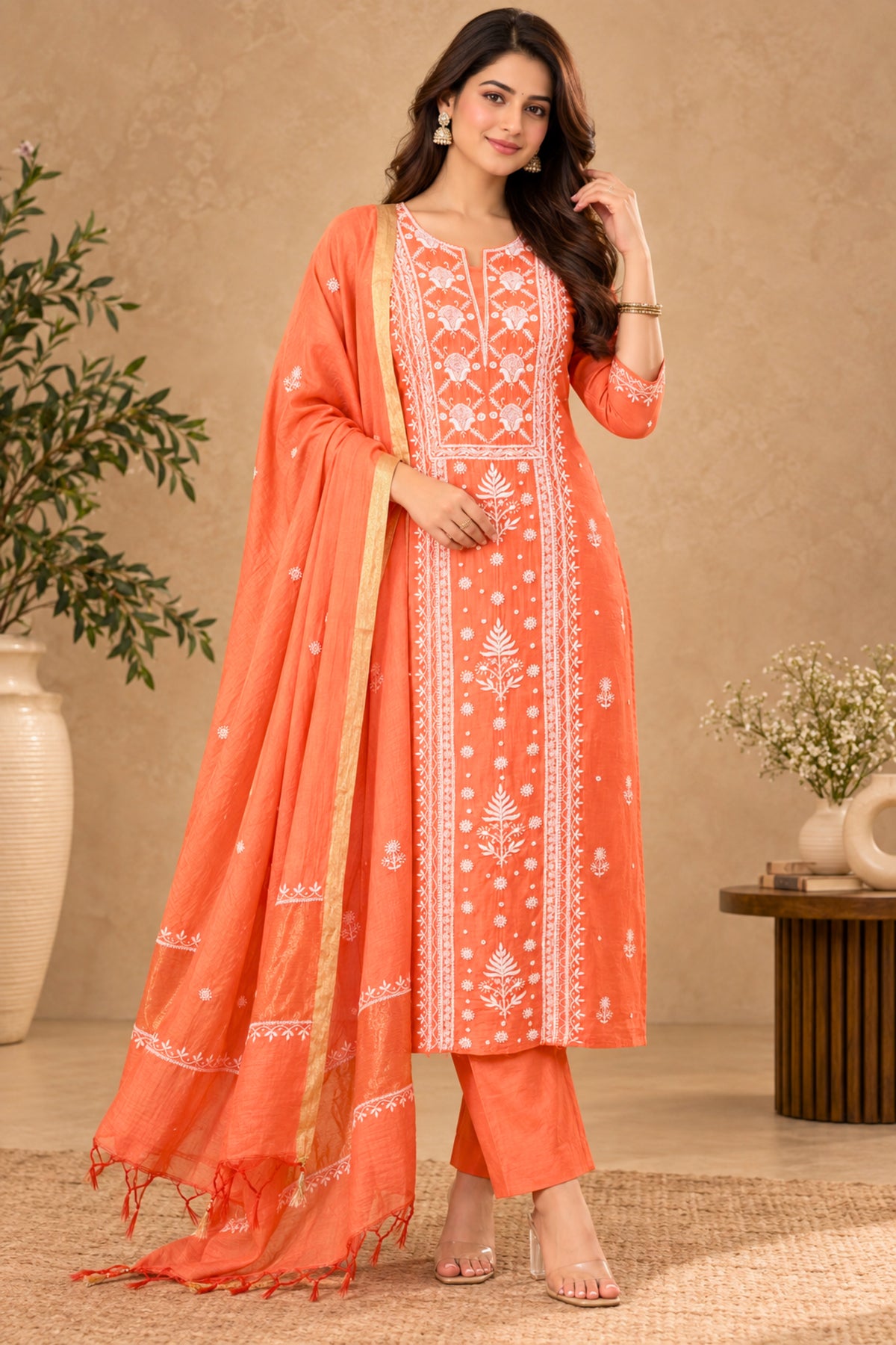Coral Peach Pure Mul Chikankari Unstitched Suit Set by Label Tamanna