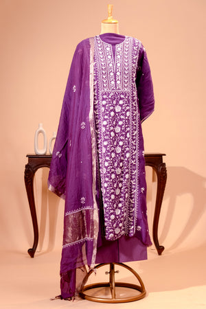 Deep Purple Pure Mul Chikankari Unstitched Suit Set by Label Tamanna