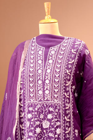 Deep Purple Pure Mul Chikankari Unstitched Suit Set by Label Tamanna