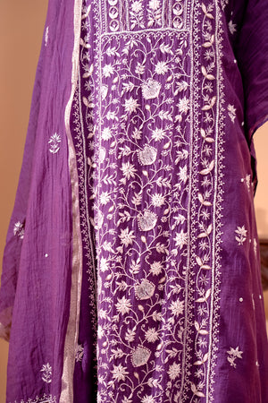 Deep Purple Pure Mul Chikankari Unstitched Suit Set by Label Tamanna