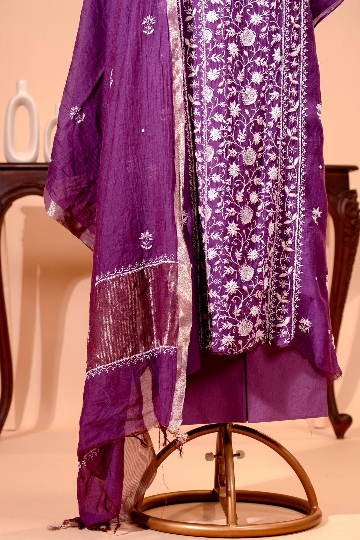 Deep Purple Pure Mul Chikankari Unstitched Suit Set by Label Tamanna