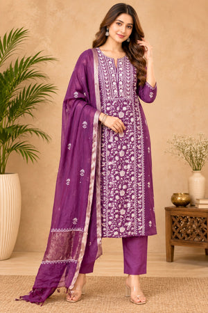 Deep Purple Pure Mul Chikankari Unstitched Suit Set by Label Tamanna
