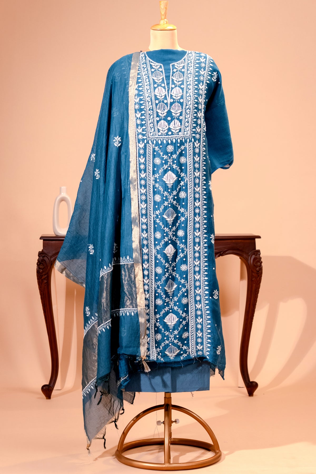 Teal Blue Pure Mul Chikankari Unstitched Suit Set by Label Tamanna