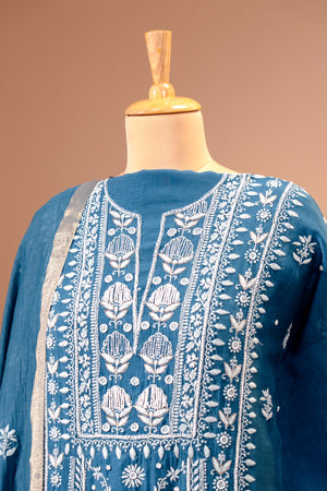 Teal Blue Pure Mul Chikankari Unstitched Suit Set by Label Tamanna