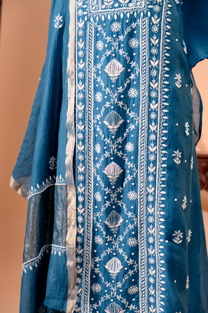 Teal Blue Pure Mul Chikankari Unstitched Suit Set by Label Tamanna
