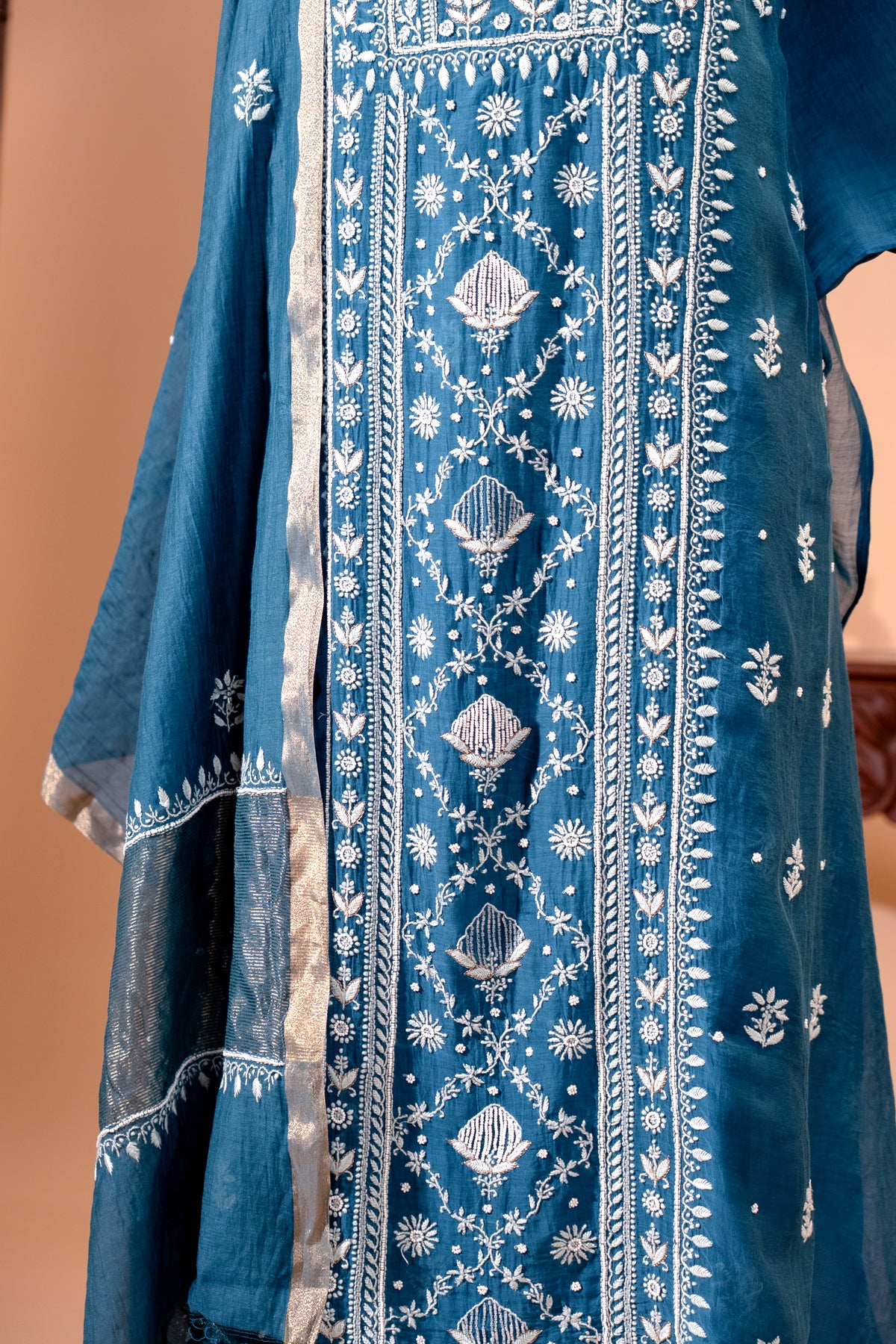 Teal Blue Pure Mul Chikankari Unstitched Suit Set by Label Tamanna