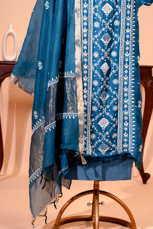Teal Blue Pure Mul Chikankari Unstitched Suit Set by Label Tamanna