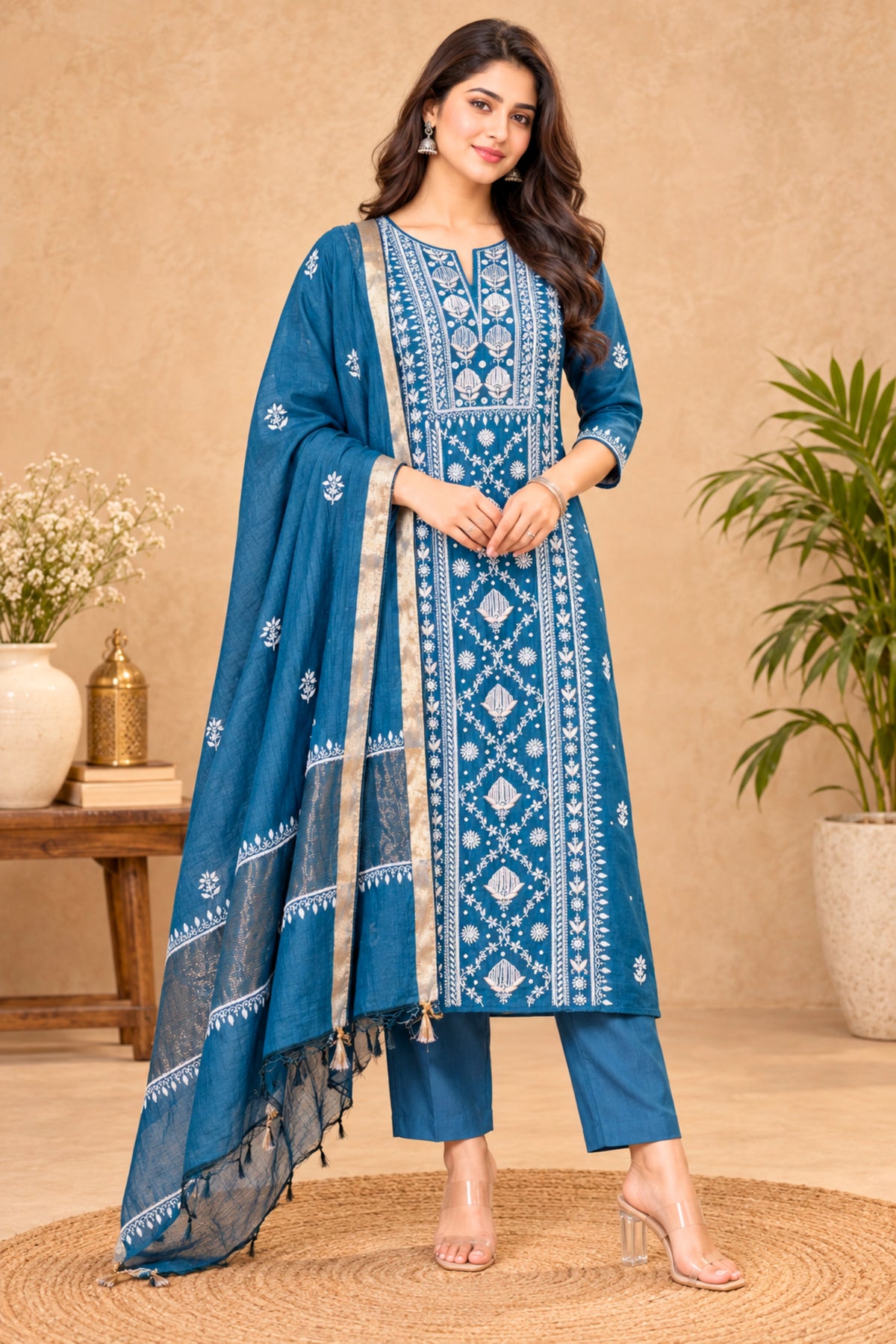 Teal Blue Pure Mul Chikankari Unstitched Suit Set by Label Tamanna