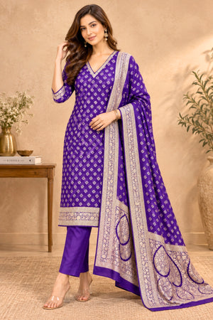 Royal Purple Pure Banarasi Georgette Unstitched Suit Set by Label Tamanna