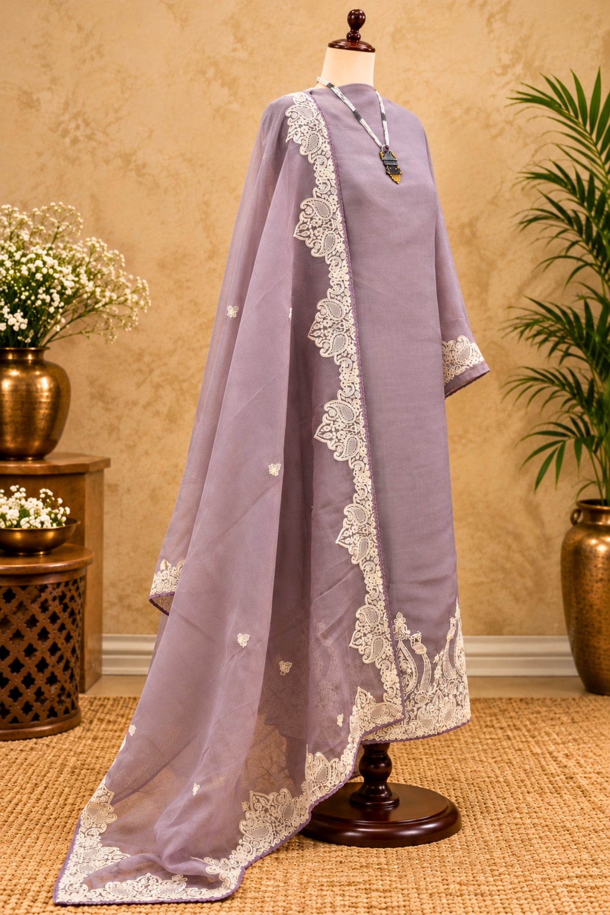 Ethereal Lavender Organza Unstitched Suit Set with Intricate Resham Threadwork