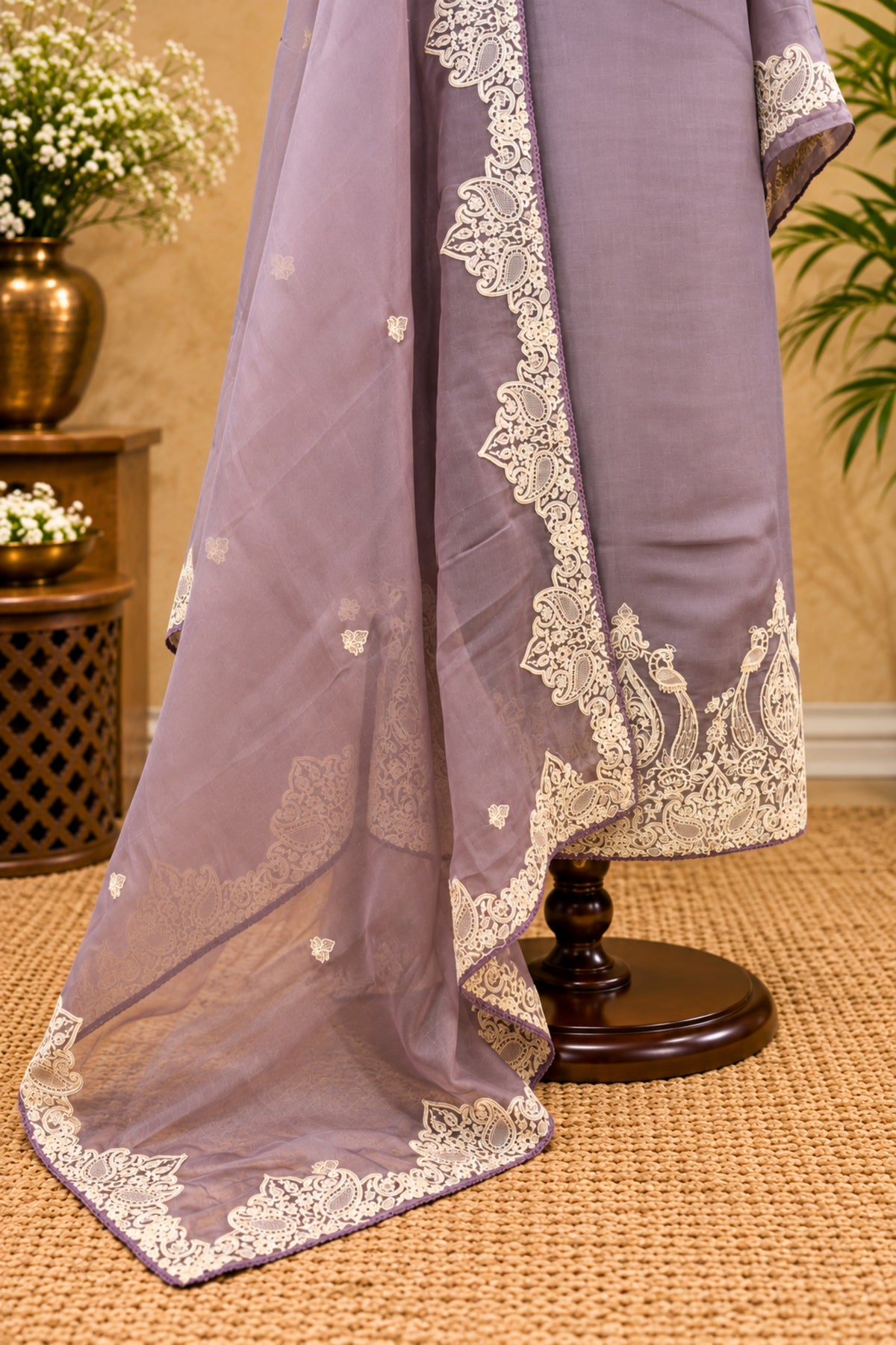 Ethereal Lavender Organza Unstitched Suit Set with Intricate Resham Threadwork