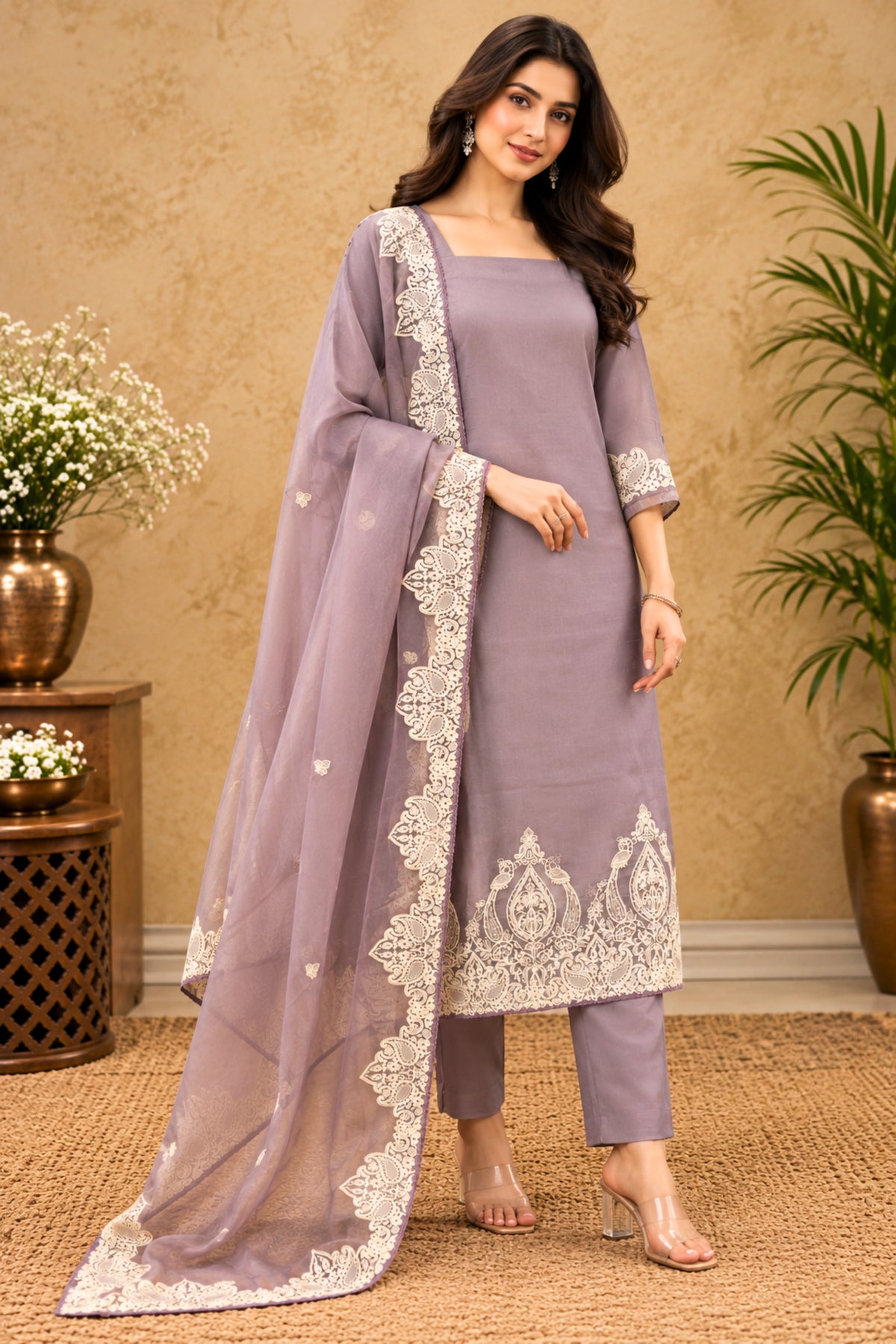 Ethereal Lavender Organza Unstitched Suit Set with Intricate Resham Threadwork