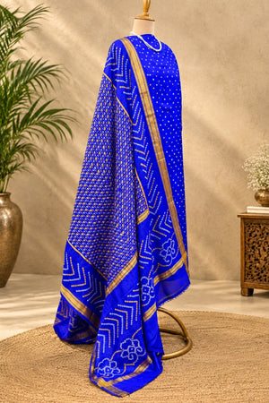 Royal Blue Handcrafted Bandhani & Golden Zari Pure Silk Unstitched Suit Set
