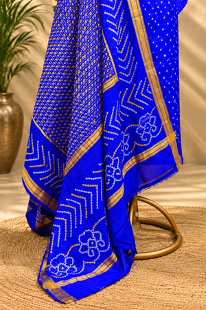 Royal Blue Handcrafted Bandhani & Golden Zari Pure Silk Unstitched Suit Set