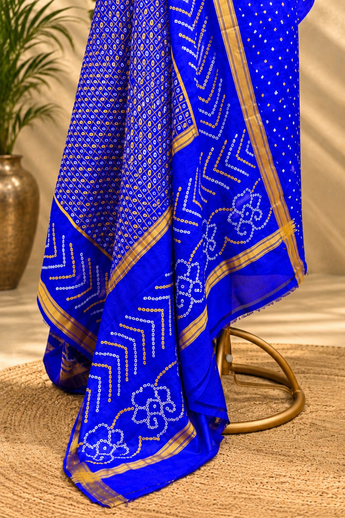 Royal Blue Handcrafted Bandhani & Golden Zari Pure Silk Unstitched Suit Set