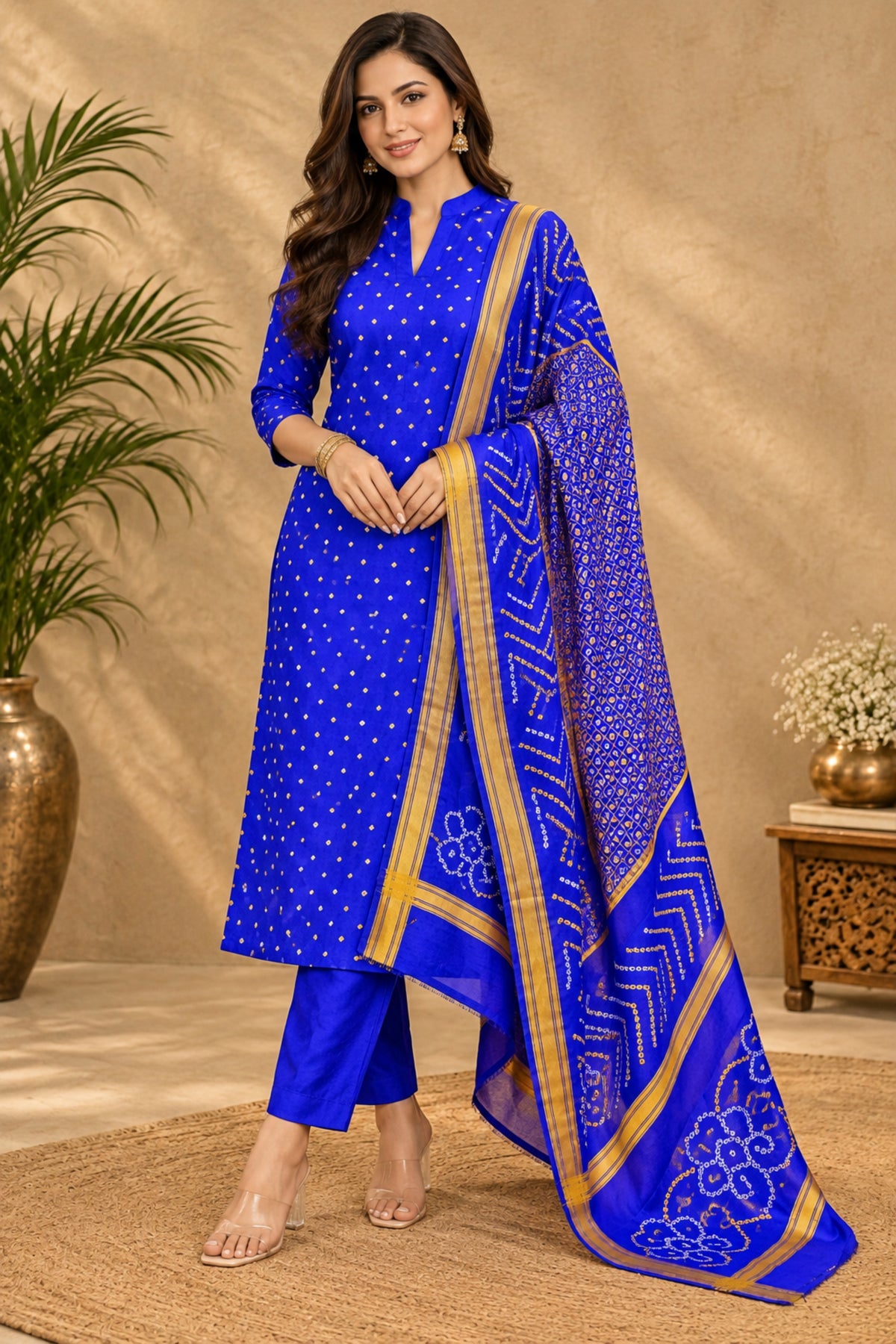 Royal Blue Handcrafted Bandhani & Golden Zari Pure Silk Unstitched Suit Set