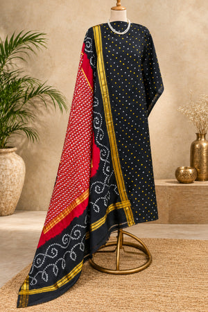 Classic Black & Crimson Red Handcrafted Bandhani Pure Silk Unstitched Suit Set with Golden Zari Dupatta