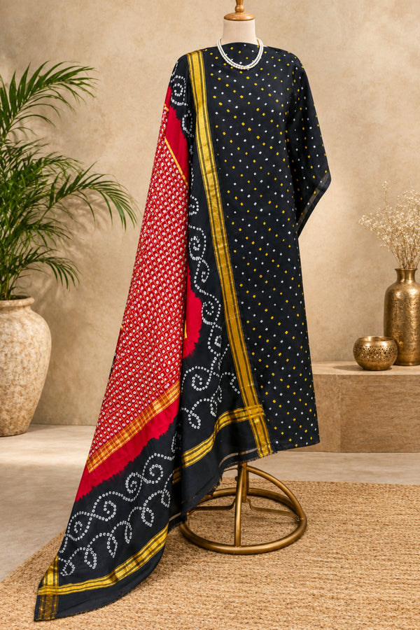 Classic Black & Crimson Red Handcrafted Bandhani Pure Silk Unstitched Suit Set with Golden Zari Dupatta