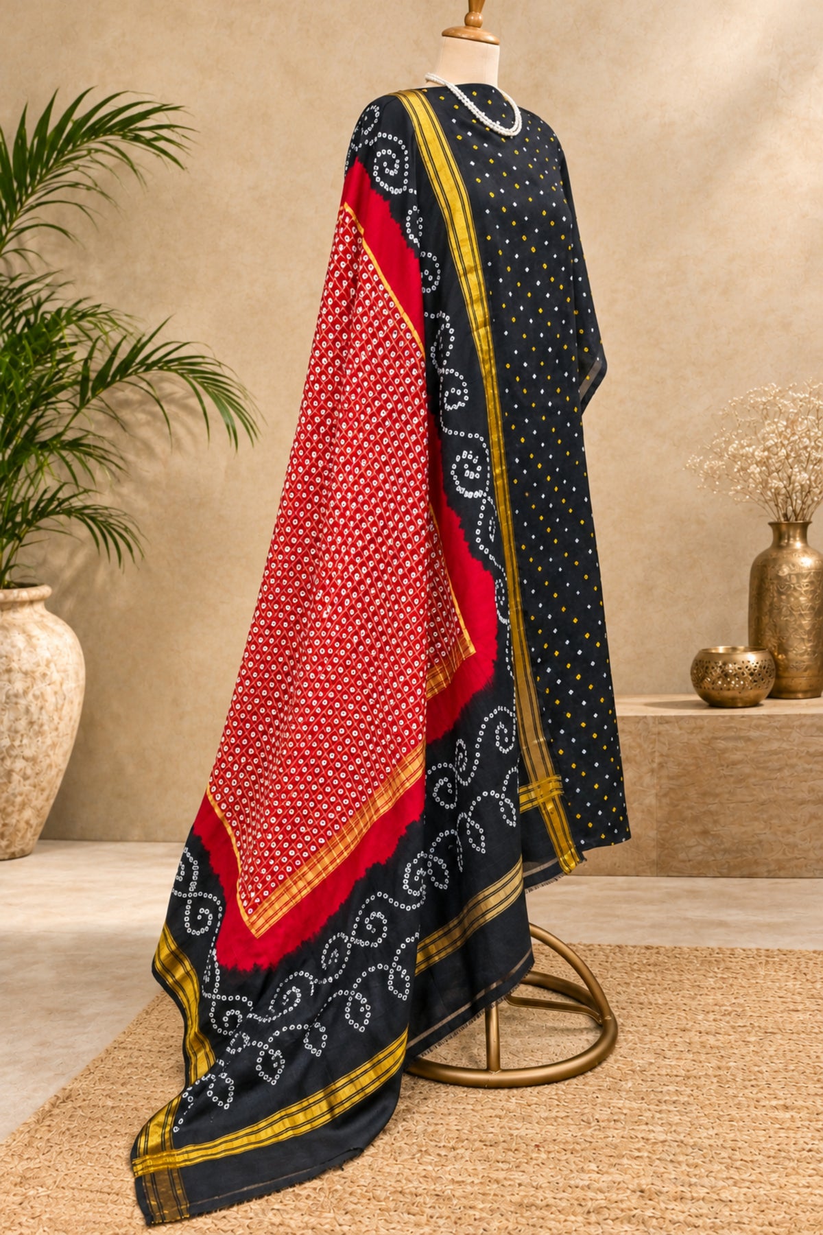 Classic Black & Crimson Red Handcrafted Bandhani Pure Silk Unstitched Suit Set with Golden Zari Dupatta