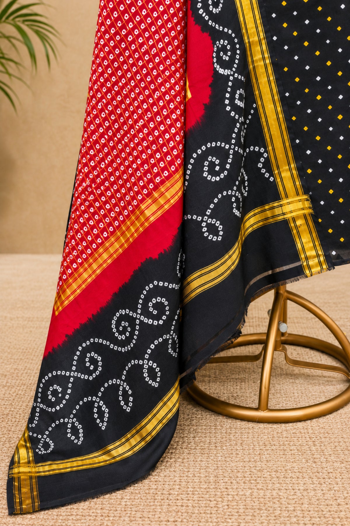 Classic Black & Crimson Red Handcrafted Bandhani Pure Silk Unstitched Suit Set with Golden Zari Dupatta