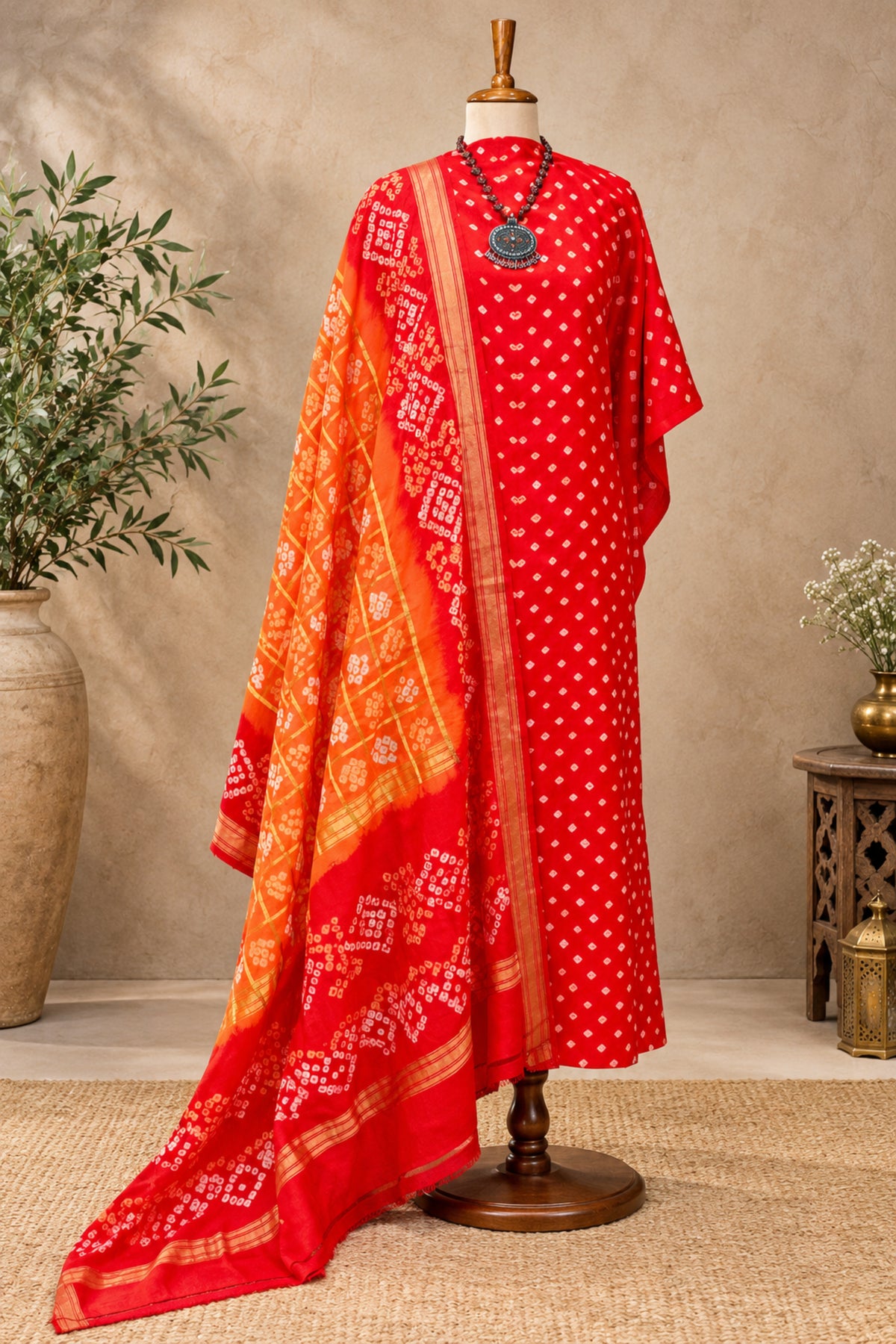 Crimson red and marigold orange Bandhani pure silk unstitched suit set with golden zari dupatta