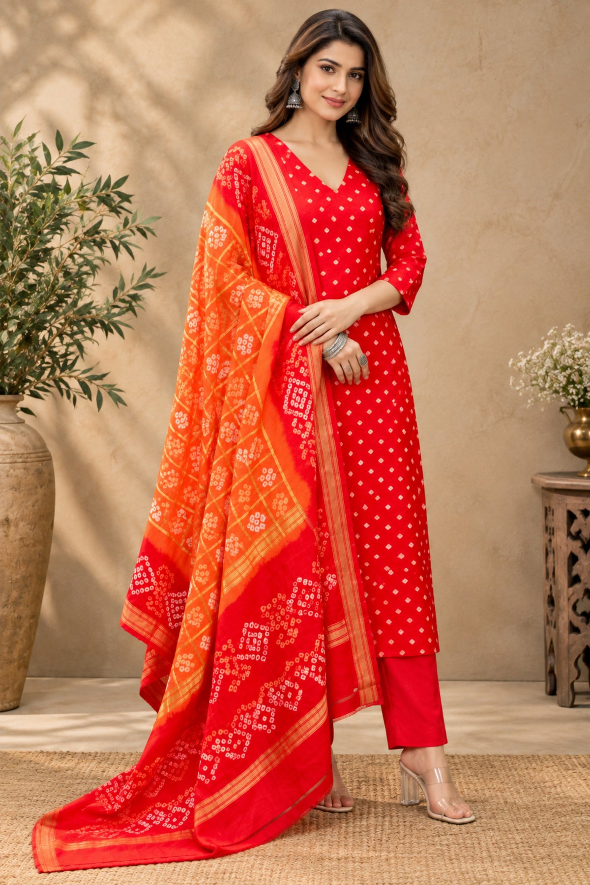 Crimson Red & Marigold Orange Handcrafted Bandhani Pure Silk Unstitched Suit Set with Golden Zari Dupatta