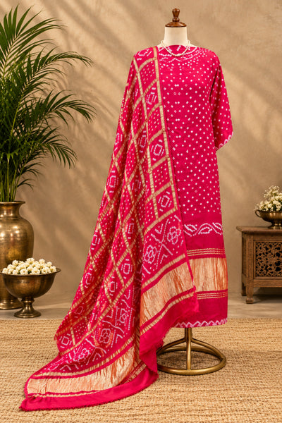 Rani Pink Handcrafted Bandhani & Gharchola Zari Pure Modal Silk Unstitched Suit Set