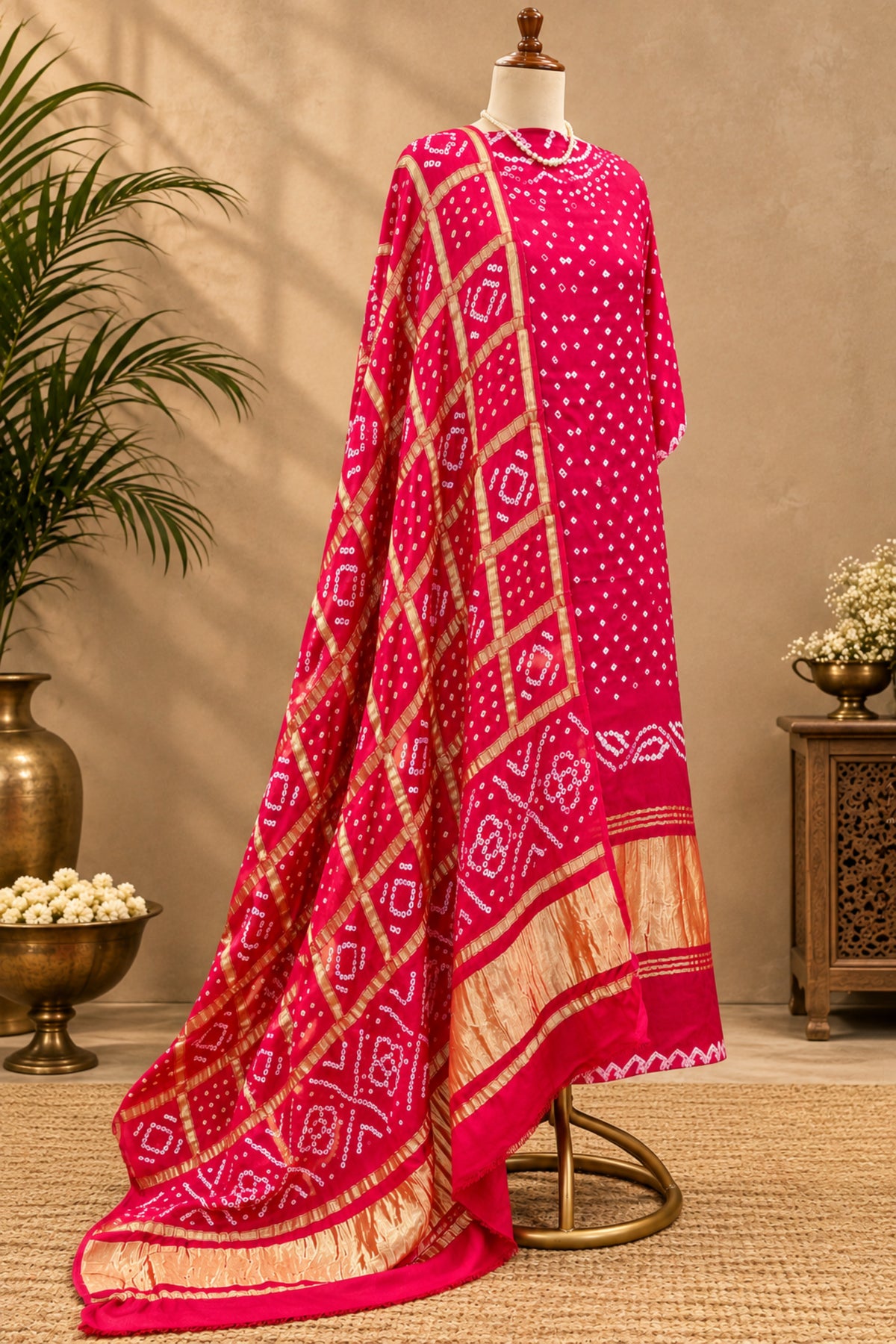 Rani Pink Handcrafted Bandhani & Gharchola Zari Pure Modal Silk Unstitched Suit Set