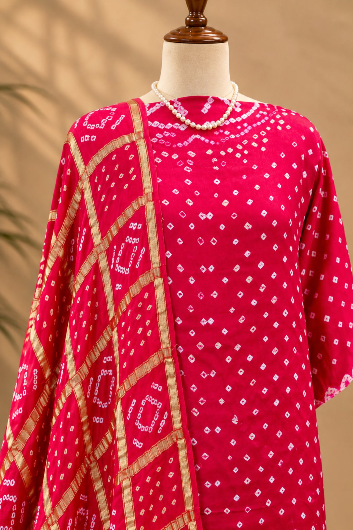 Rani Pink Handcrafted Bandhani & Gharchola Zari Pure Modal Silk Unstitched Suit Set